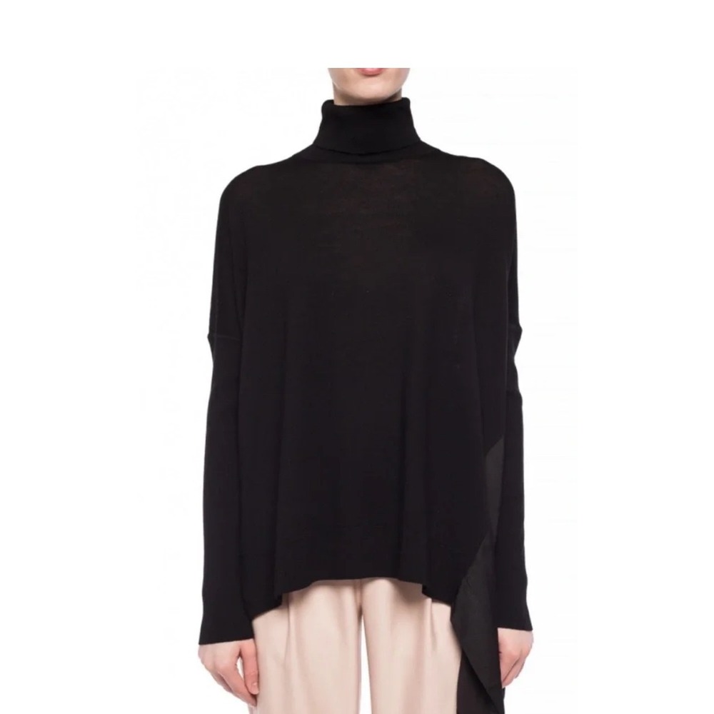 AllSaints Black Merino Wool Asymmetrical Draped Turtleneck Sweater Small